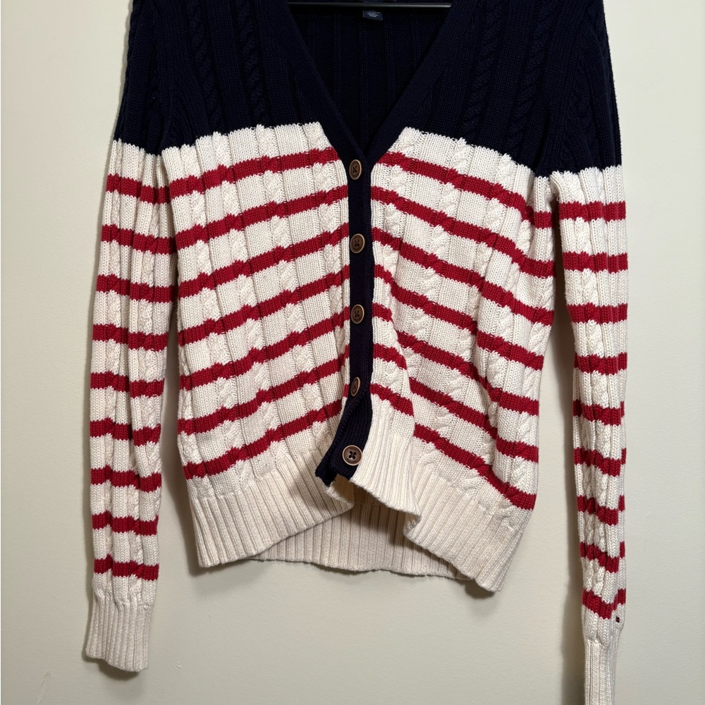 Tommy Hilfiger Navy and Red Striped Women's Cardigan Sweater